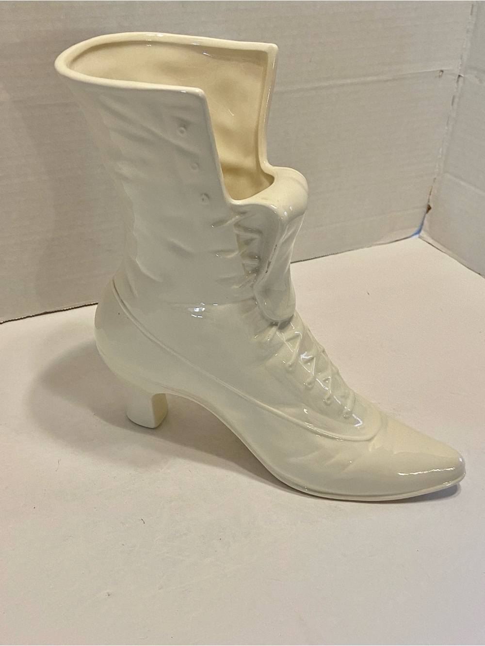 vintage white ceramic Victorian-style lace-up boot planter Charming Whimsical